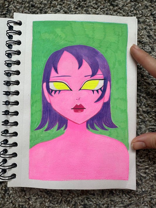 pink skin purple hair yellow eyes girl