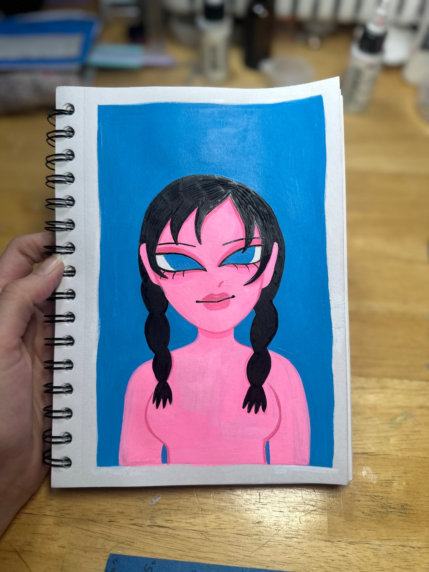 pink skin blue background girl
