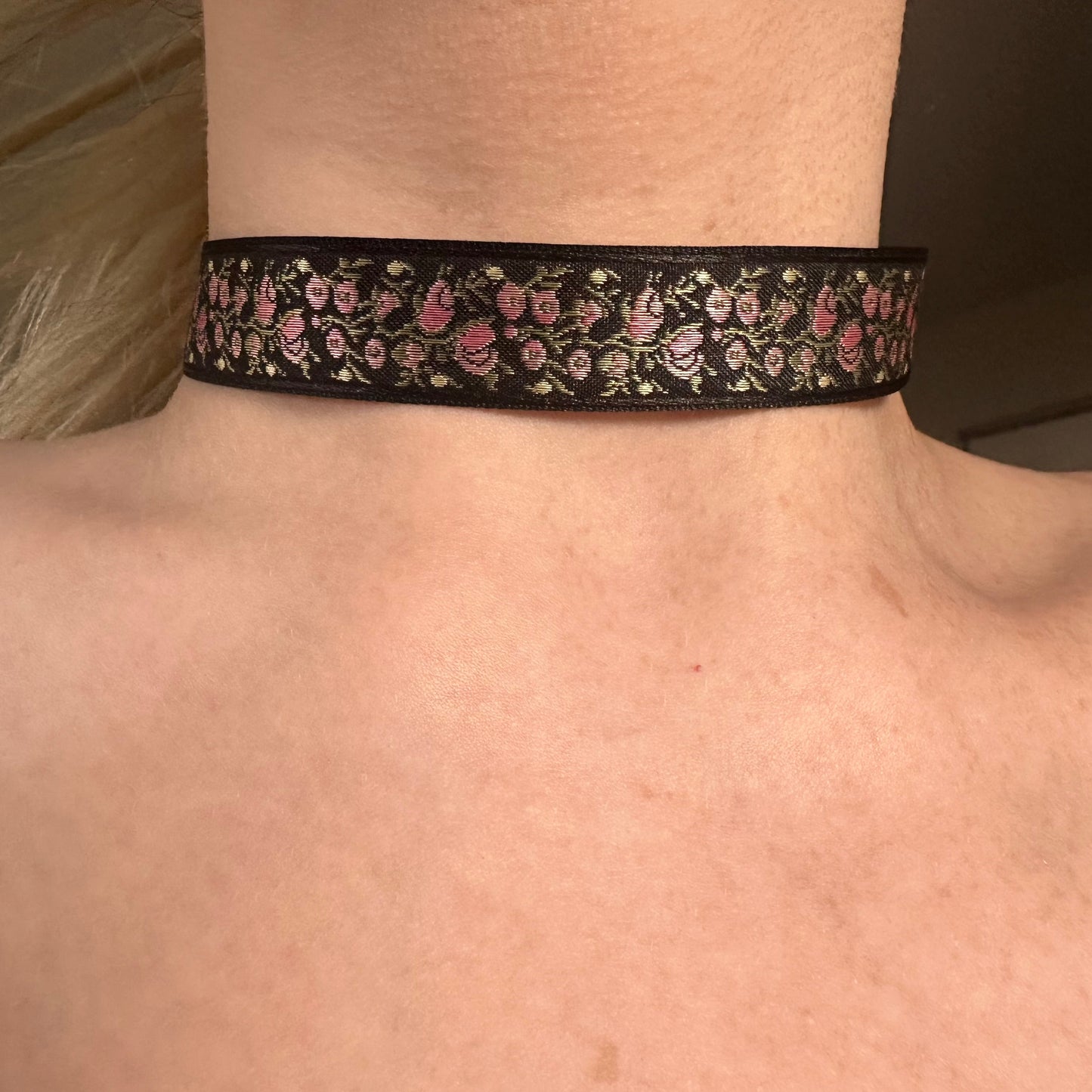 pink and black floral choker necklace