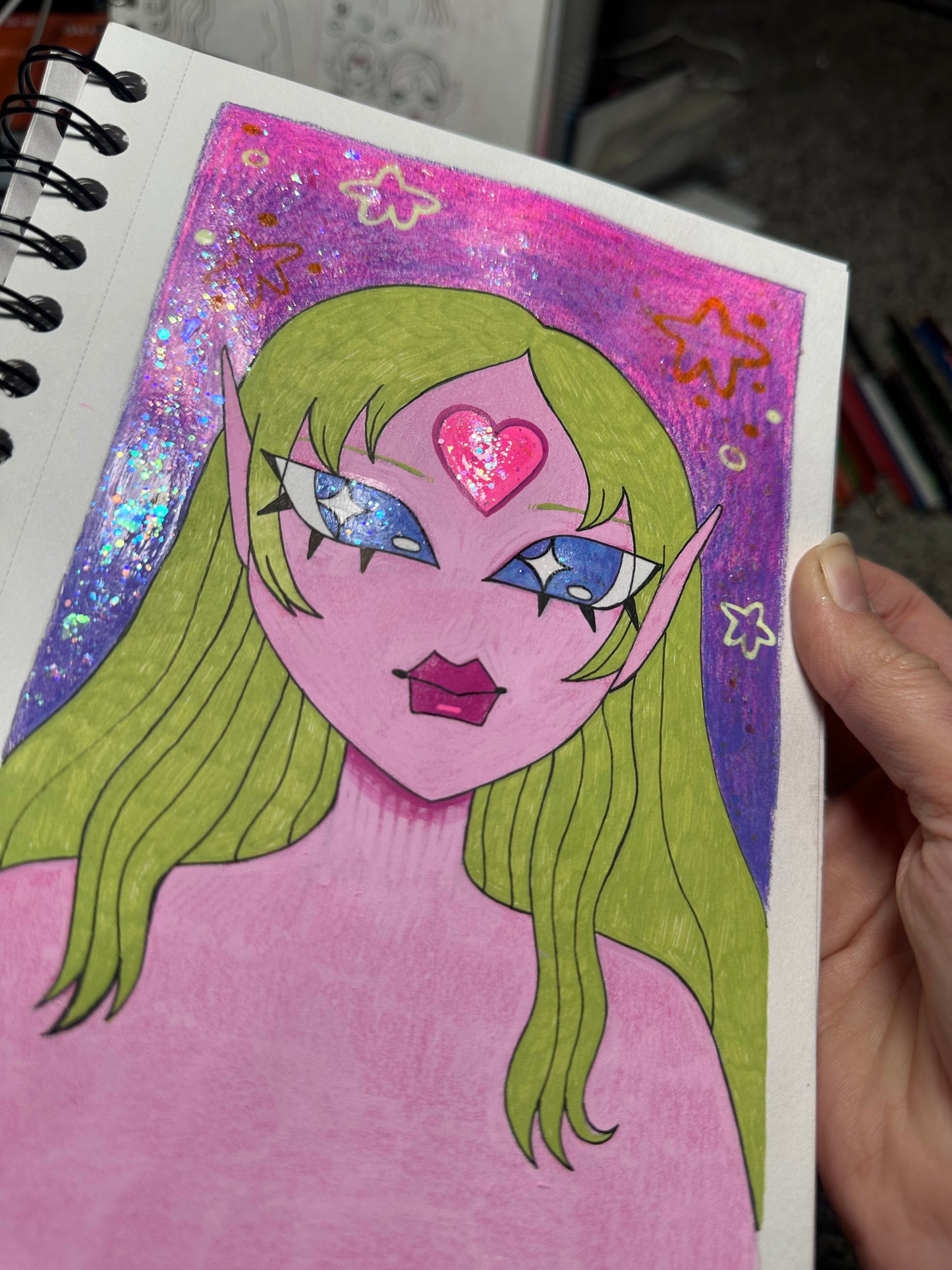 glittery pink skin green haired girl