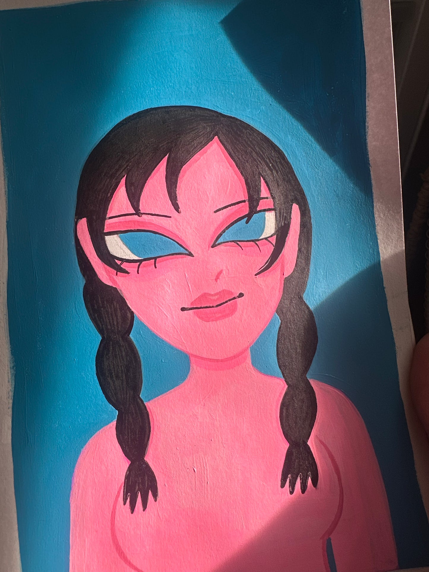 pink skin blue background girl