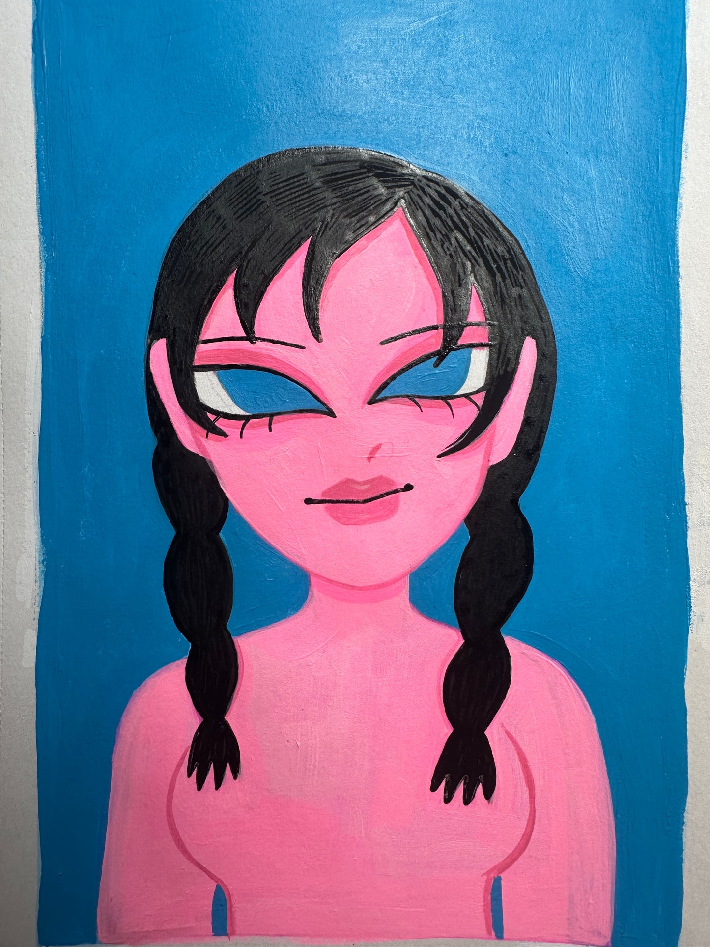 pink skin blue background girl