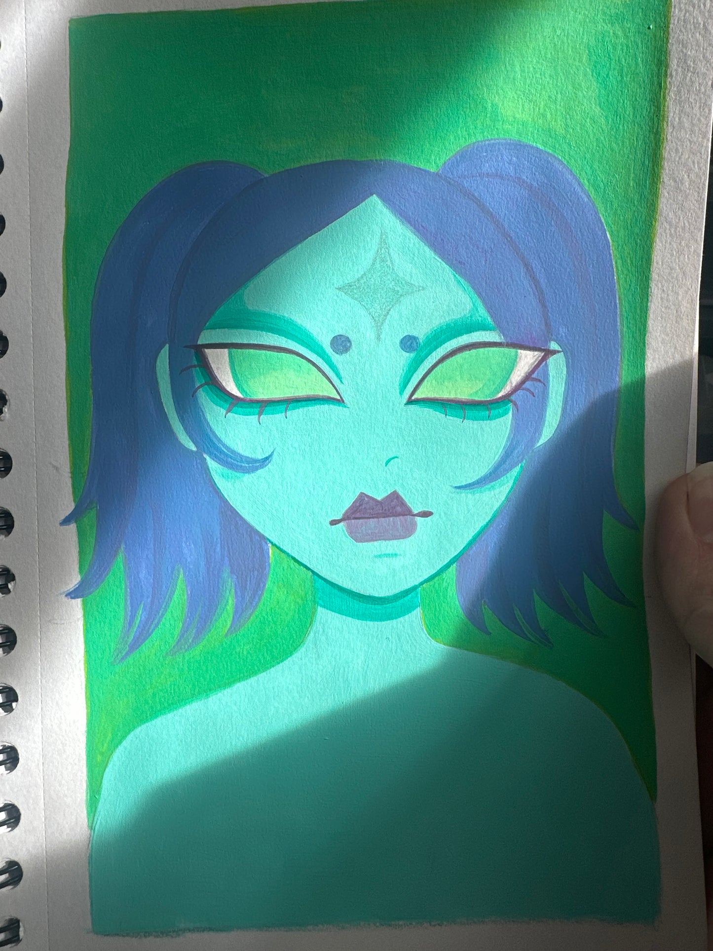 blue haired aliengelic girl with glittery forehead