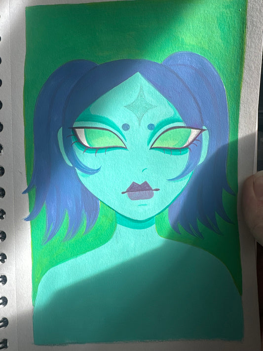 blue haired aliengelic girl with glittery forehead