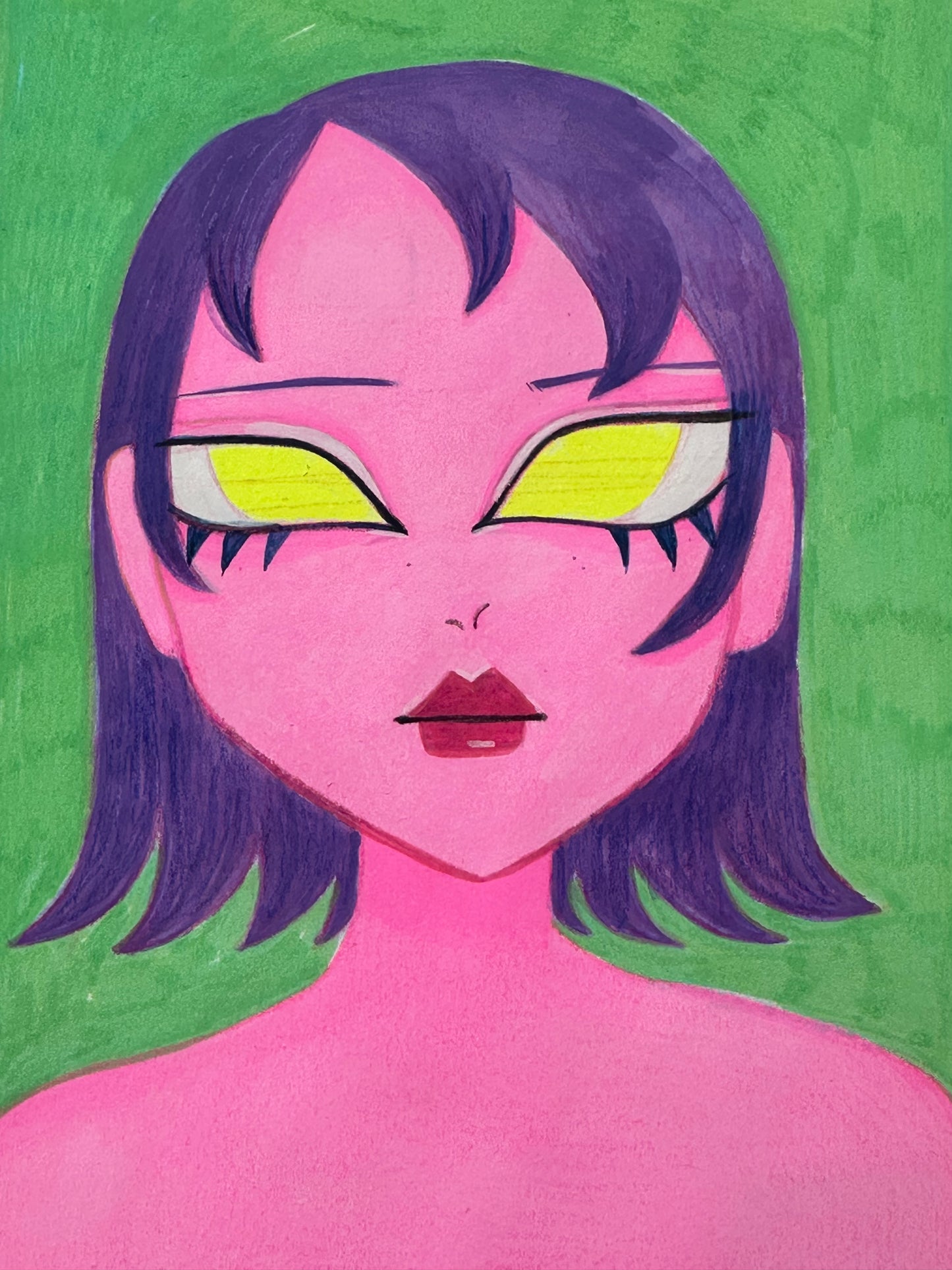 pink skin purple hair yellow eyes girl