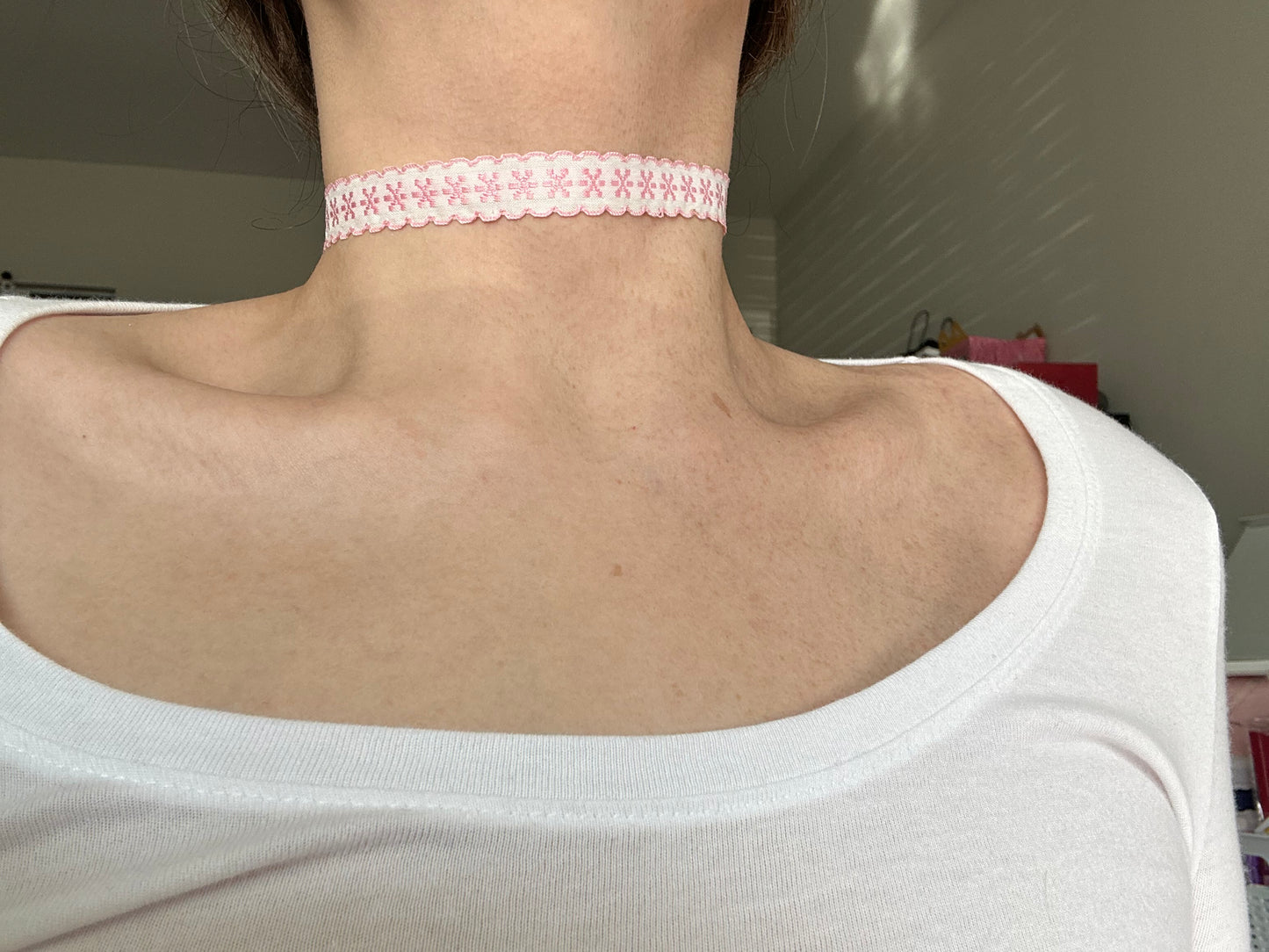 White and Pink Ribbon Choker