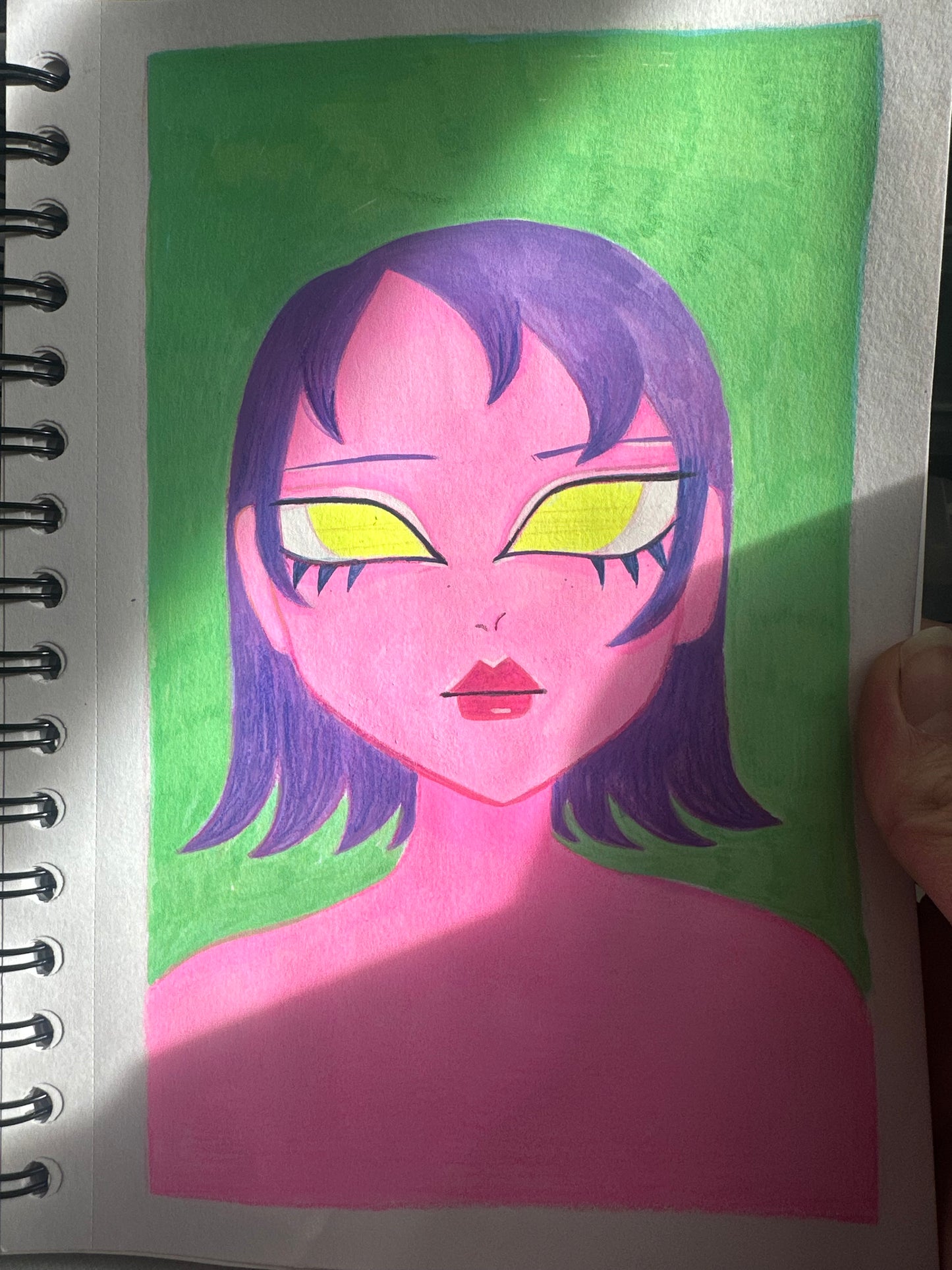 pink skin purple hair yellow eyes girl
