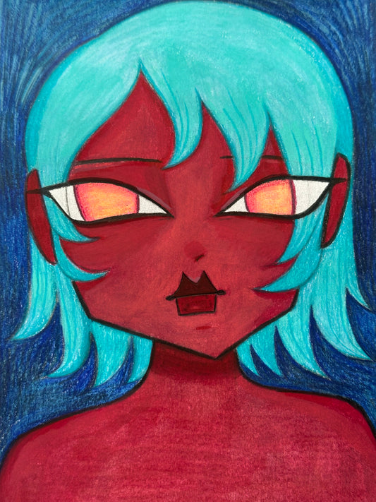 teal haired orange eyed girl