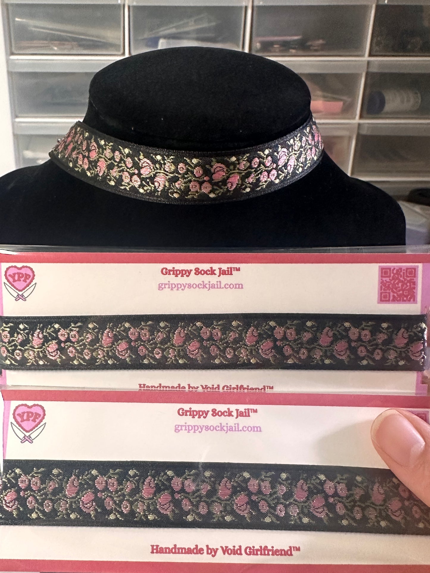 pink and black floral choker necklace