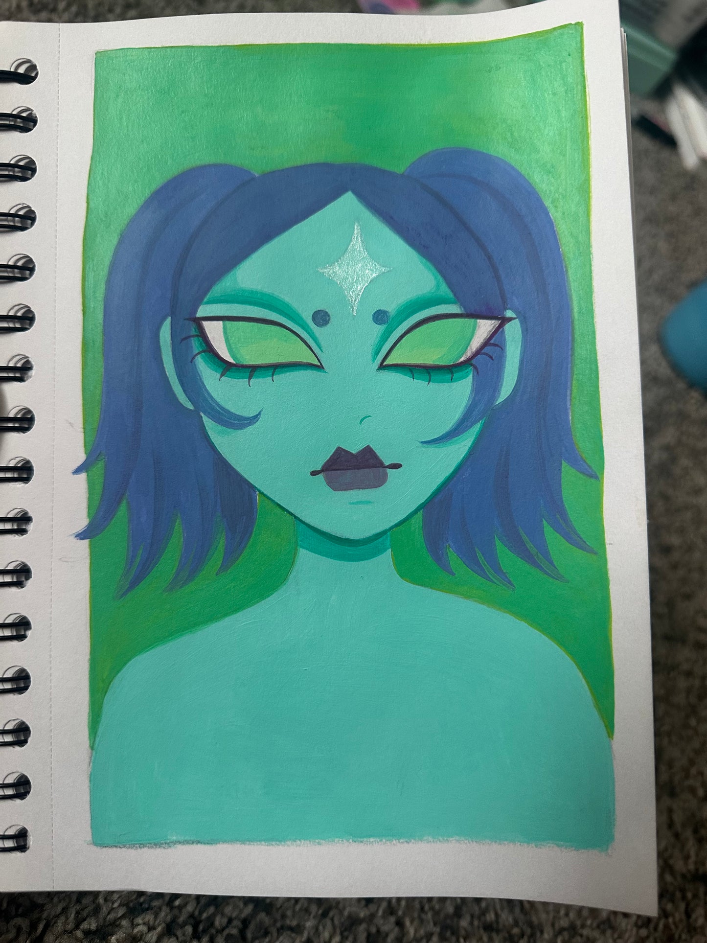 blue haired aliengelic girl with glittery forehead