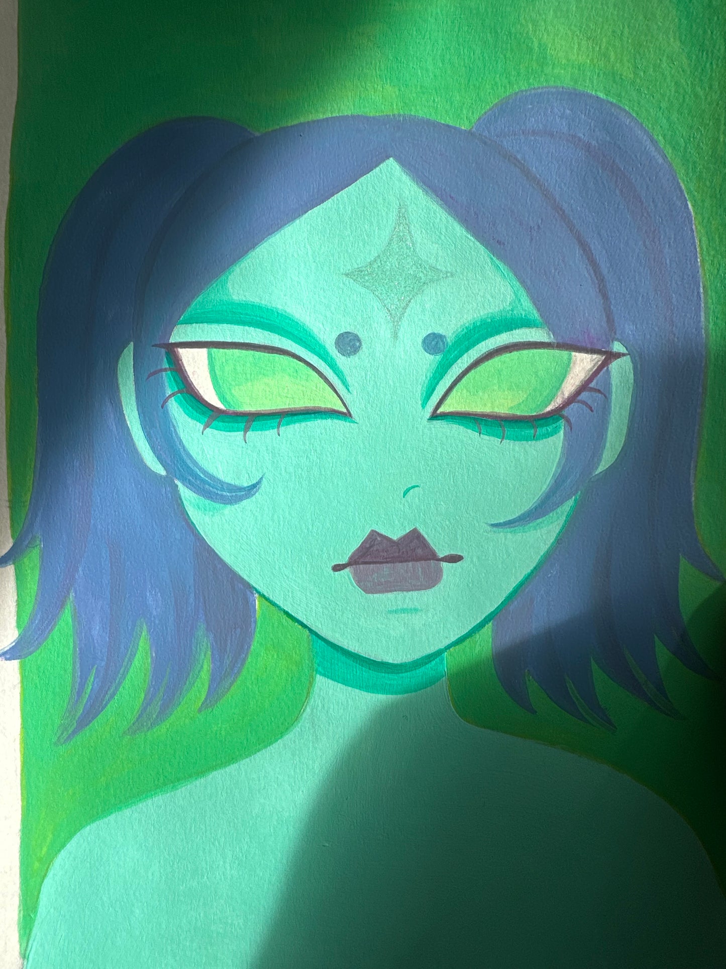 blue haired aliengelic girl with glittery forehead
