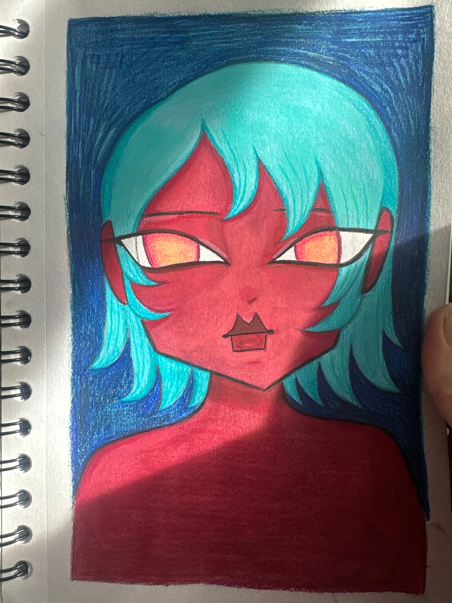 teal haired orange eyed girl