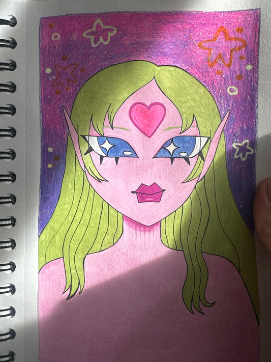glittery pink skin green haired girl