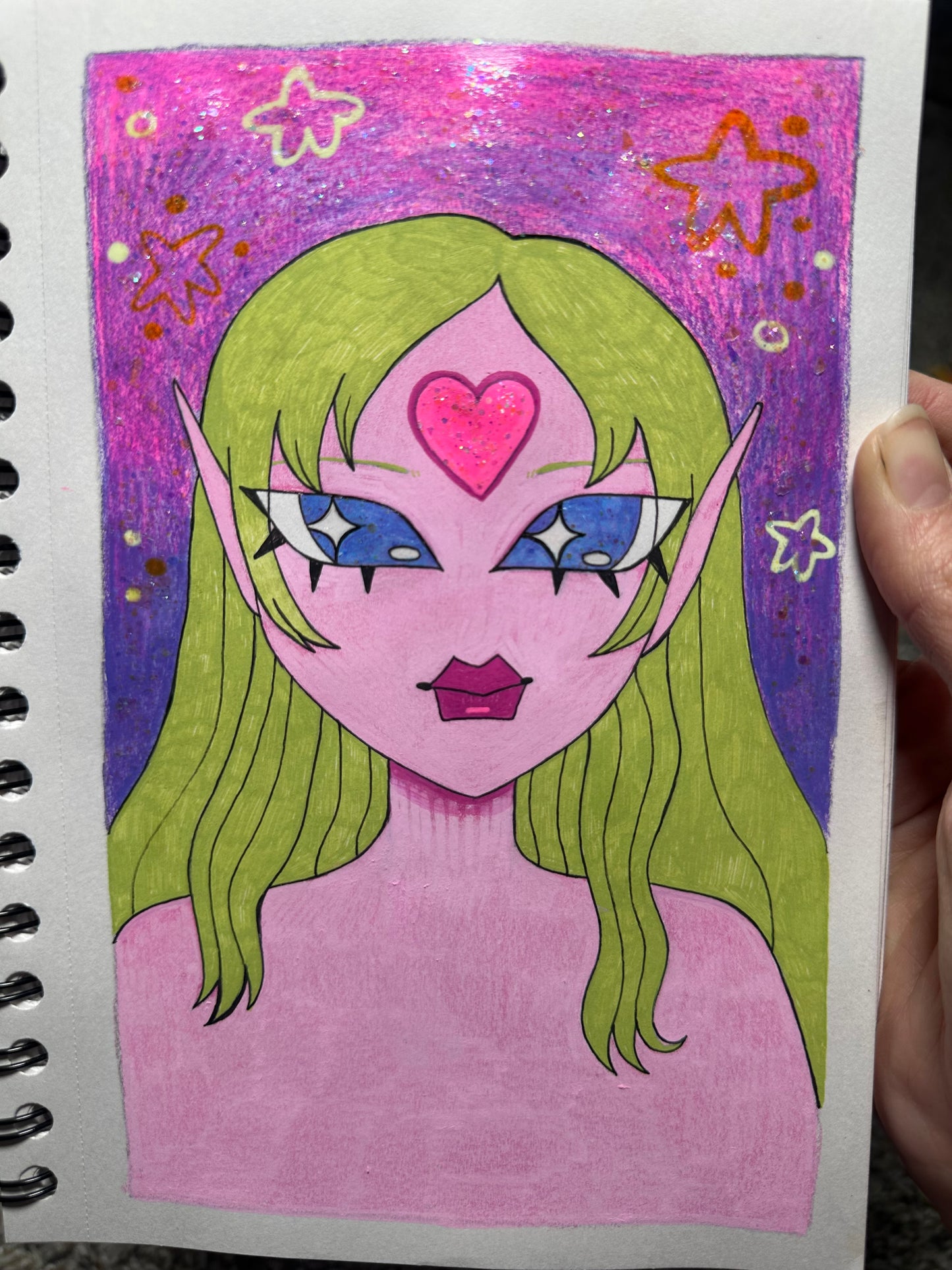glittery pink skin green haired girl