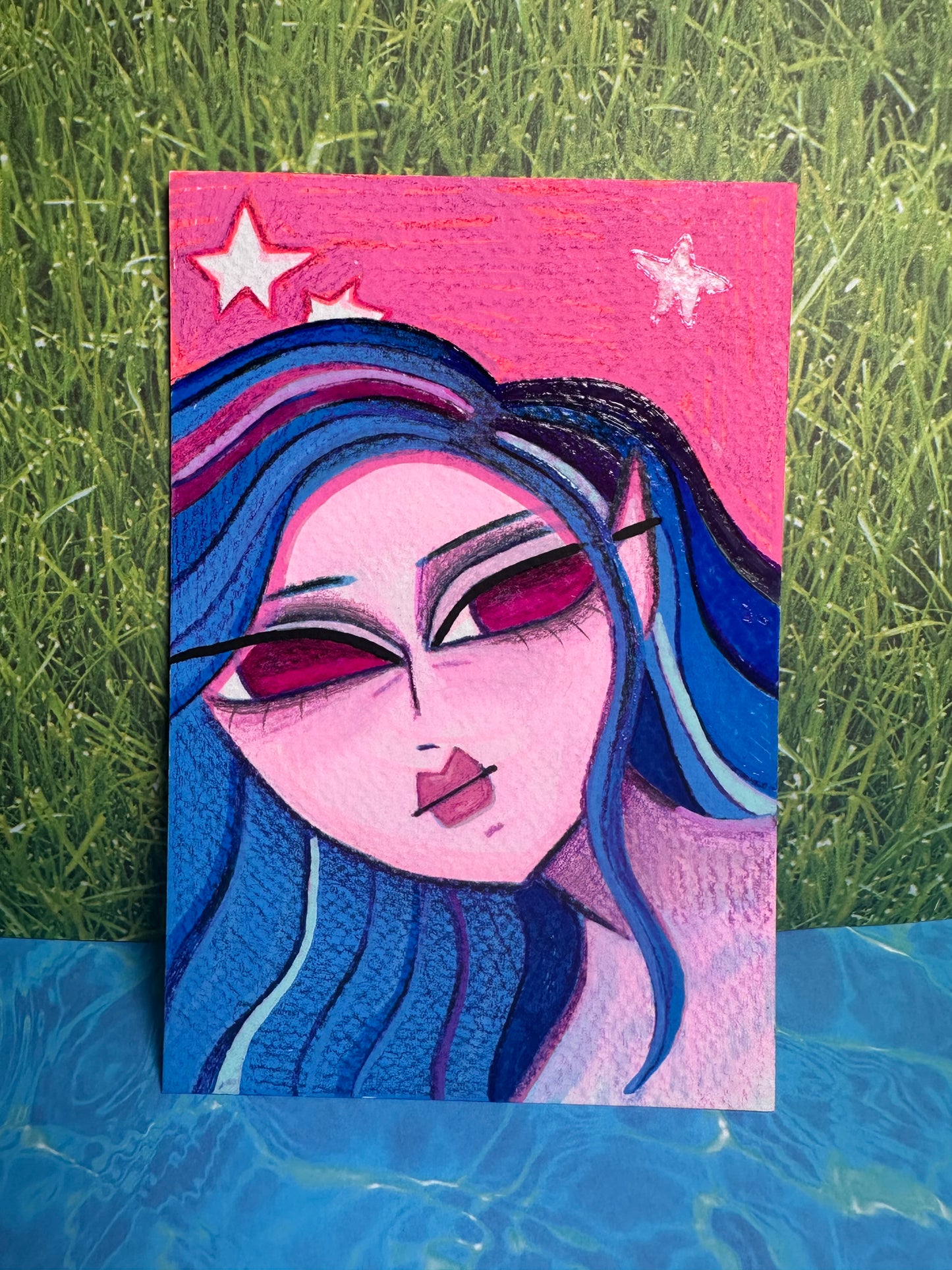 pink and blue lady