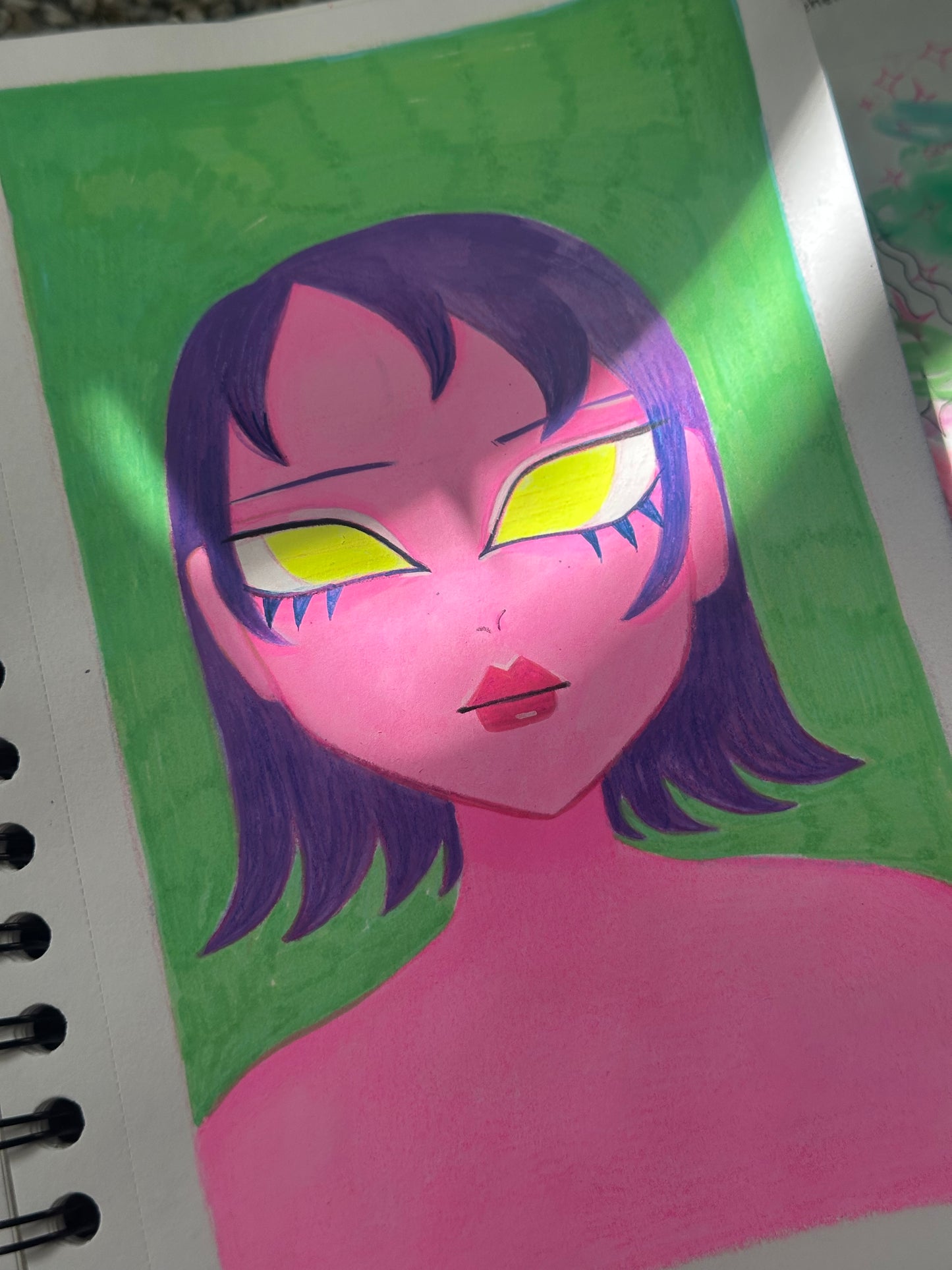 pink skin purple hair yellow eyes girl