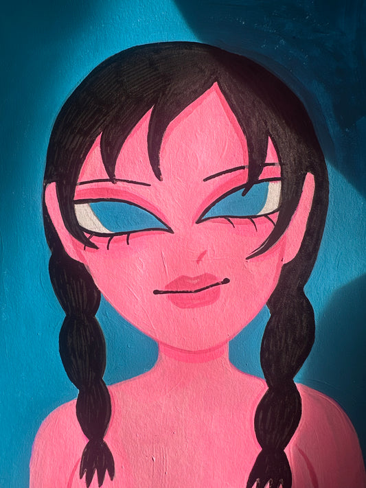 pink skin blue background girl