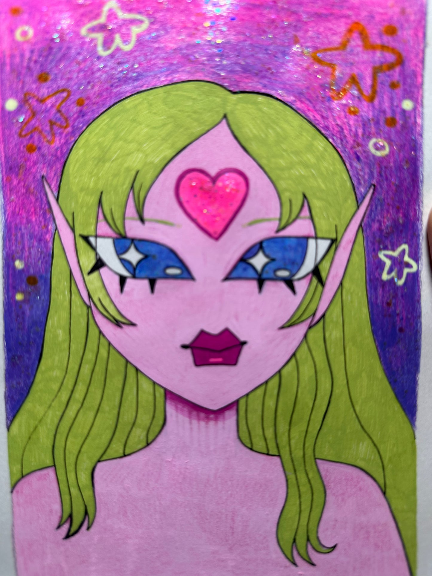 glittery pink skin green haired girl