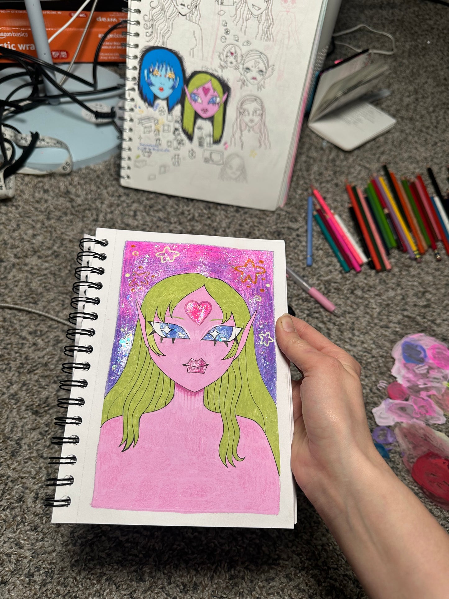 glittery pink skin green haired girl