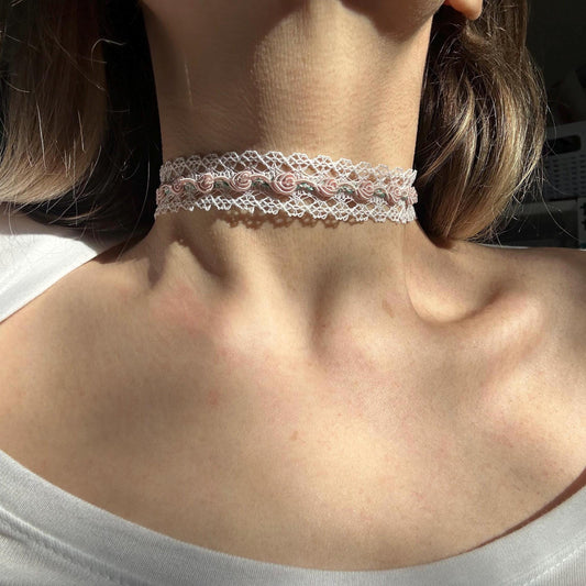 Lacy white and pink Ribbon Choker