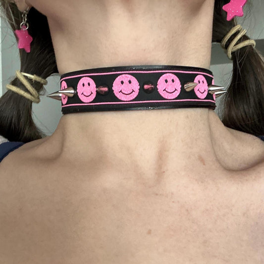 Pink Happy Face Spiked Choker