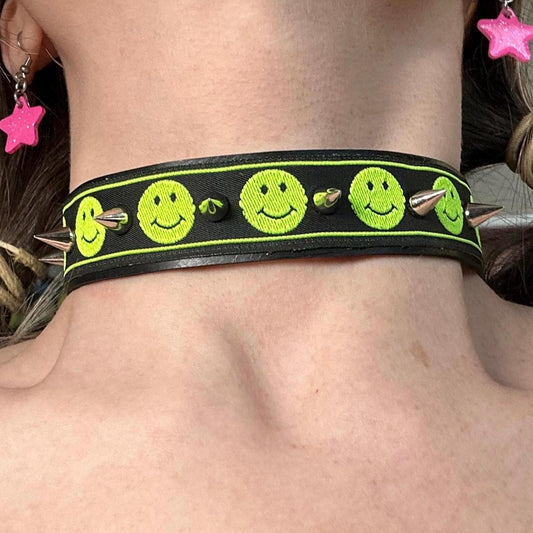 Lime Green Happy Face Spiked Choker
