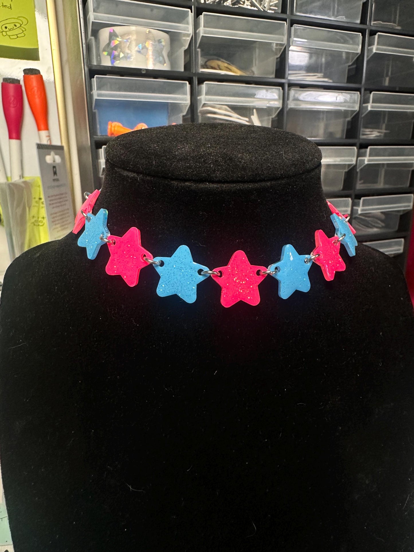 neon pink and blue star choker necklace
