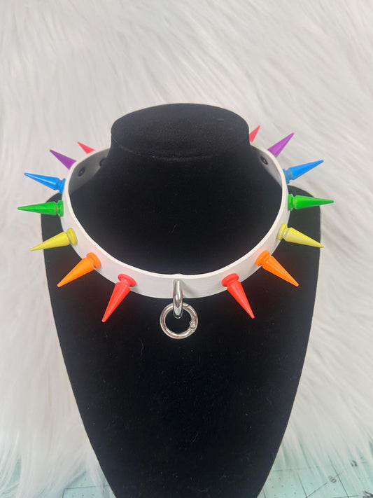 Rainbow spiked collar with silver ring and white band