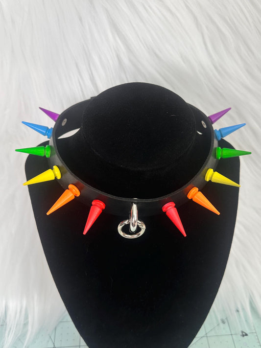 Rainbow spiked collar with silver ring and black band