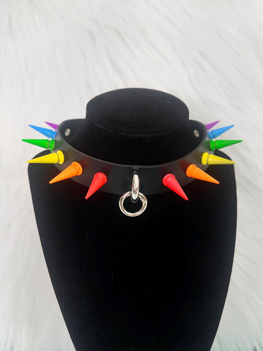 Rainbow spiked collar with silver ring and black band