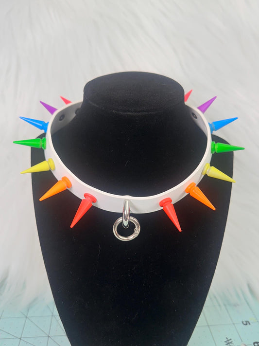 Rainbow spiked collar with silver ring and white band