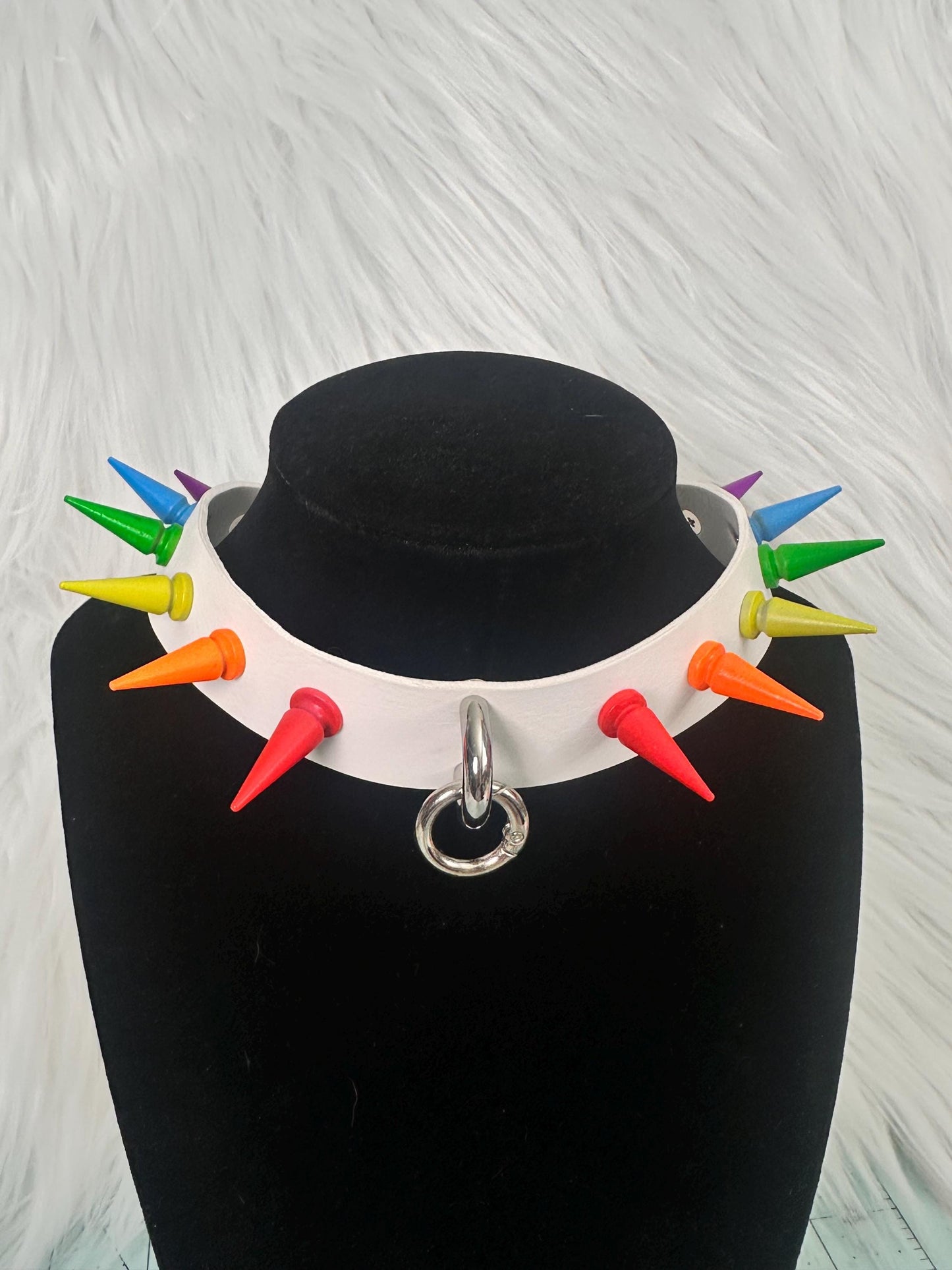 Rainbow spiked collar with silver ring and white band