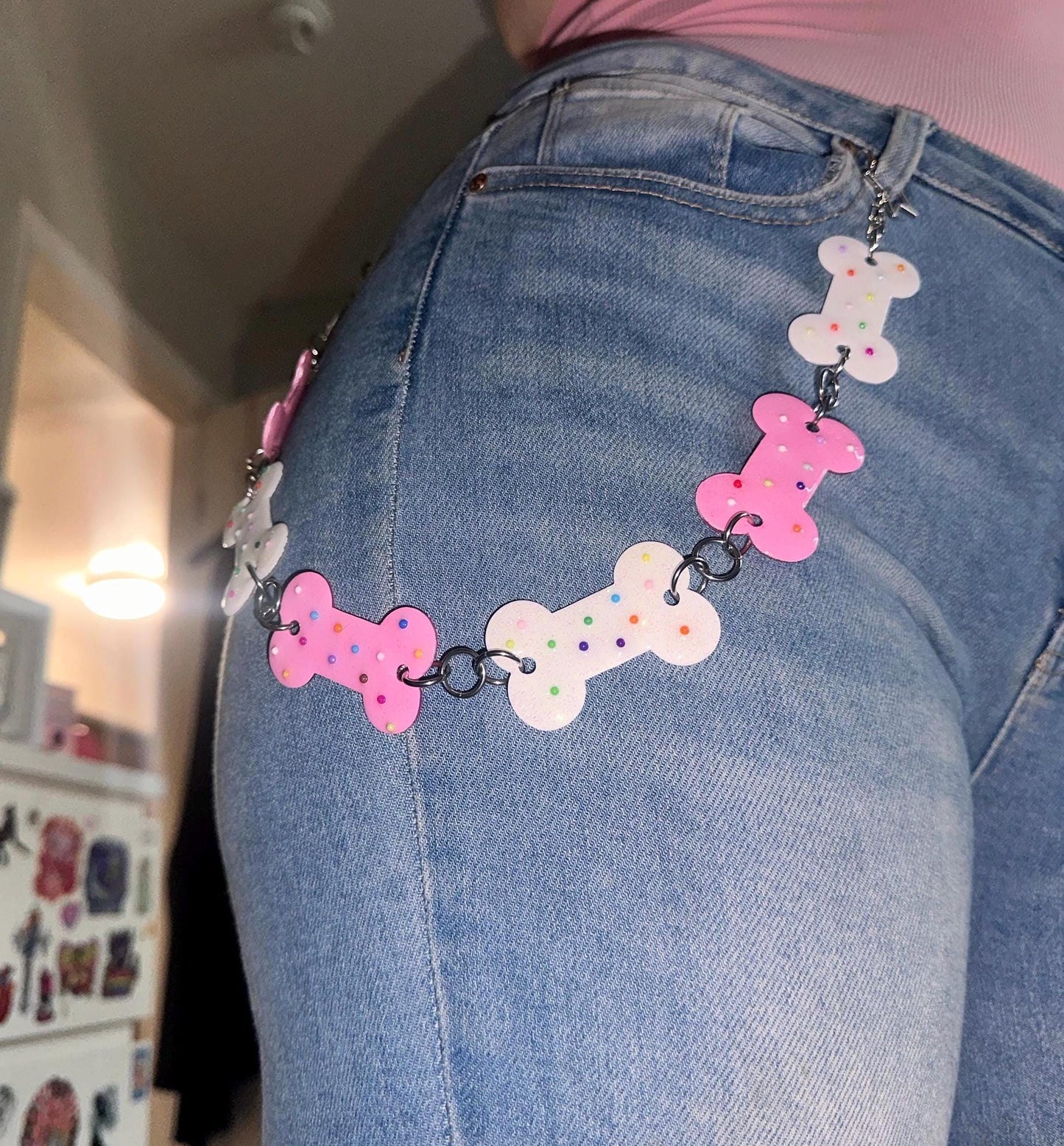 Pink and White Circus Sprinkle Bone Belt Chain