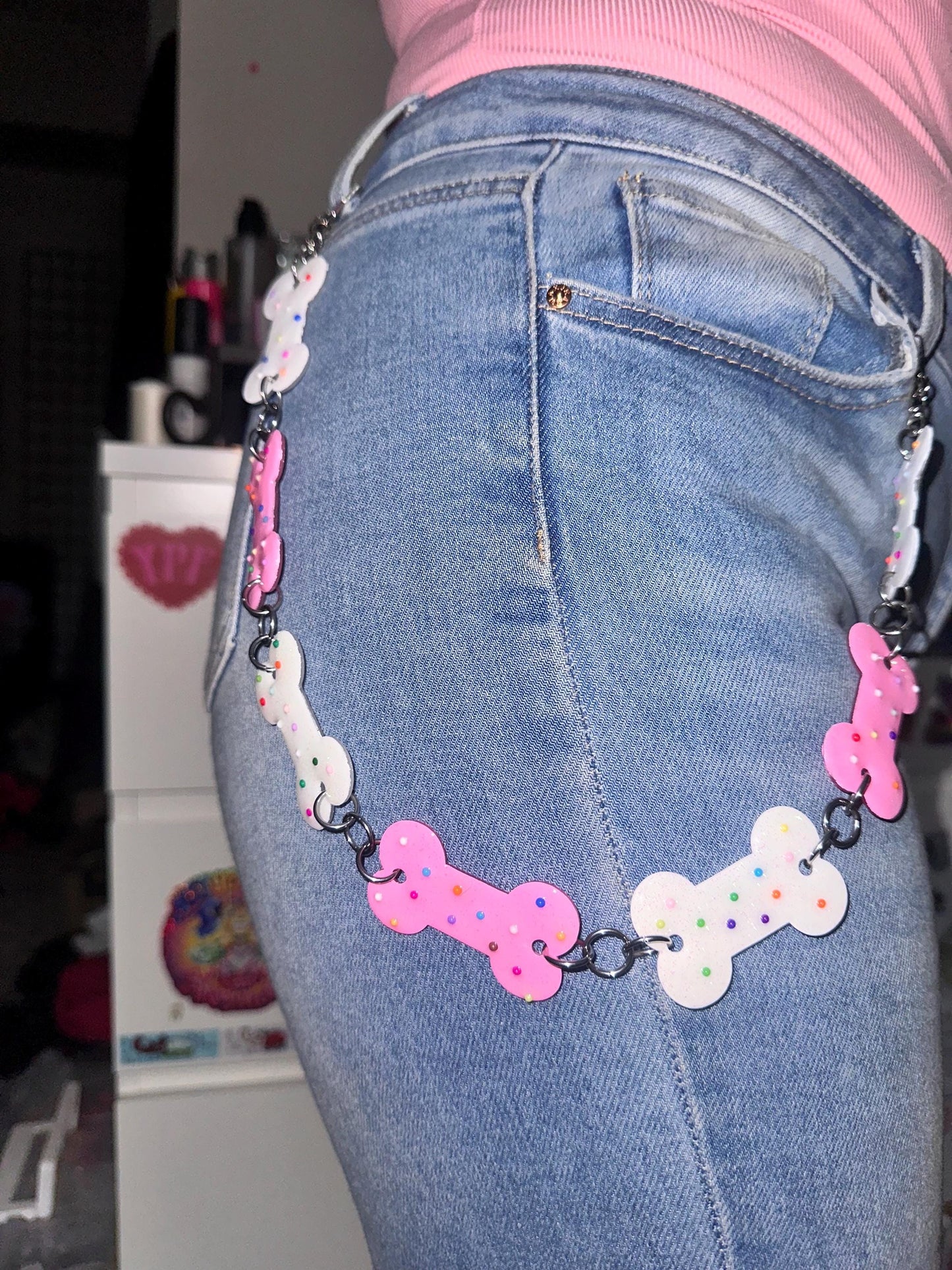 Pink and White Circus Sprinkle Bone Belt Chain