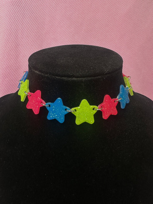 pink, green, and blue star choker necklace